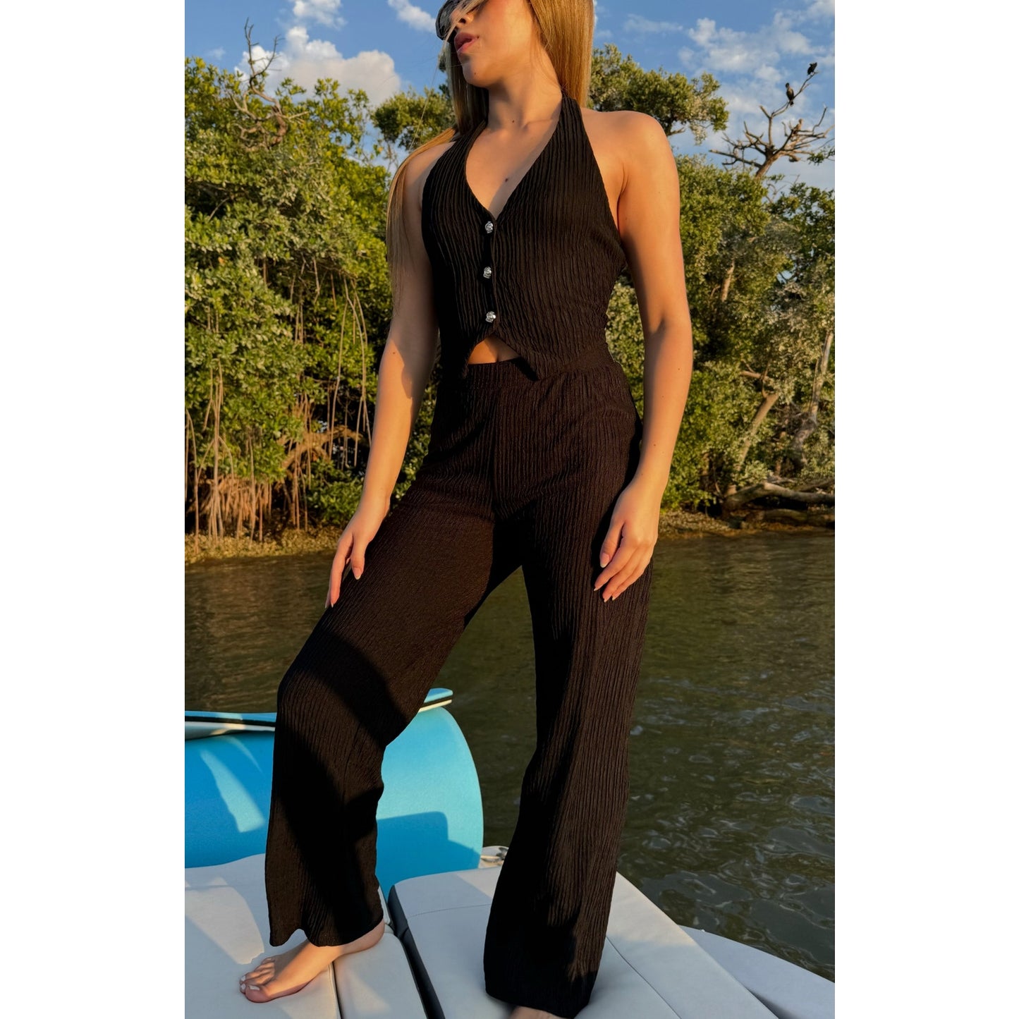 Crinkled textured cropped top 2 piece loungewear set