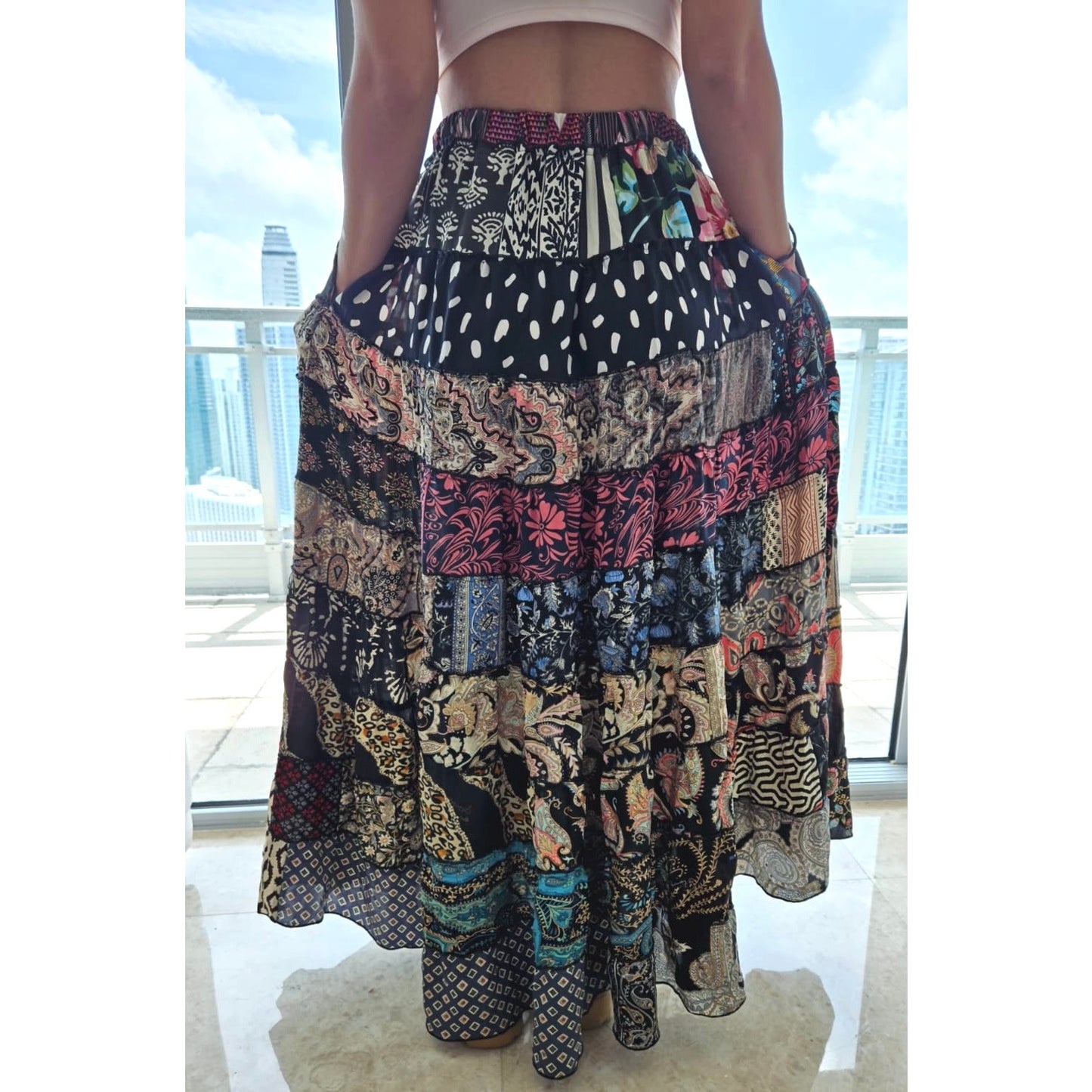 Mixed-Patchwork maxi skirt with pockets- One Size 100% silk