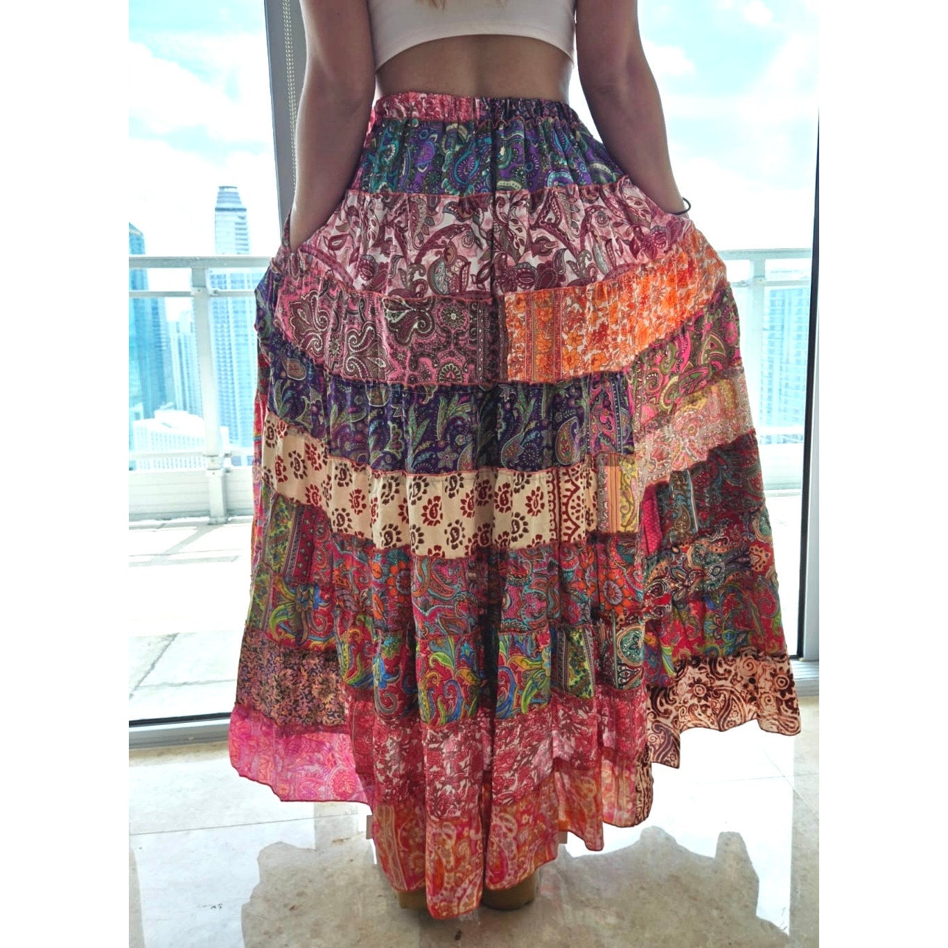 Mixed-Patchwork maxi skirt with pockets- One Size 100% Silk