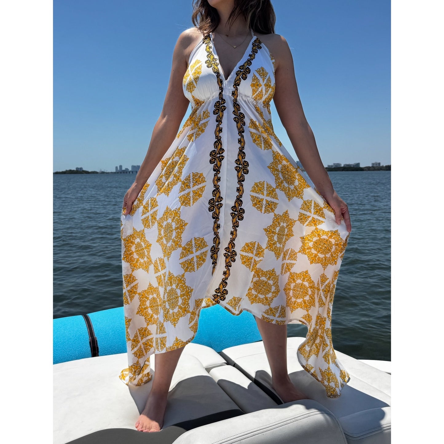 Short gold floral paisley scarf dress cover-up featuring an open back and deep V-neck