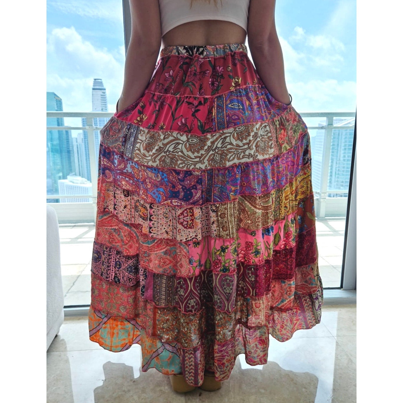 Mixed-Patchwork maxi skirt with pockets- One Size 100% silk