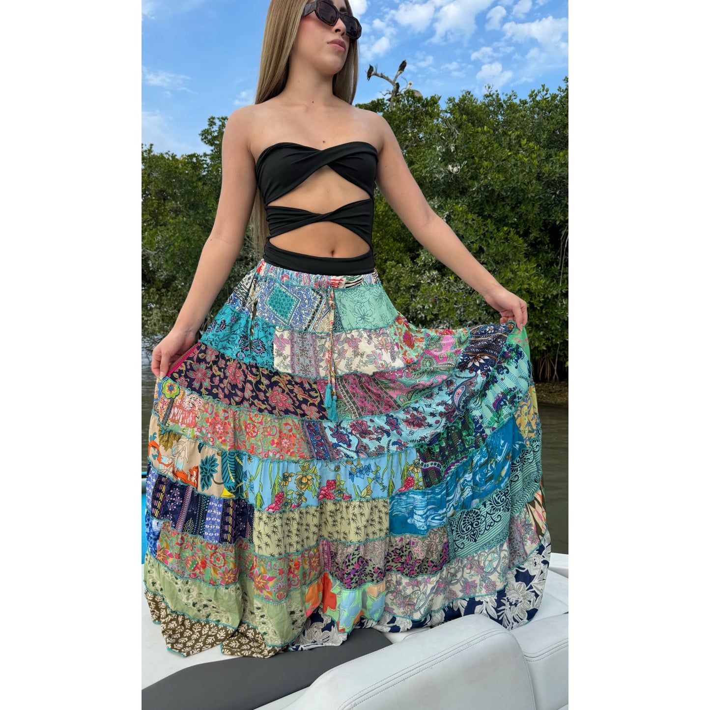 Mixed-Patchwork maxi skirt with pockets- One Size