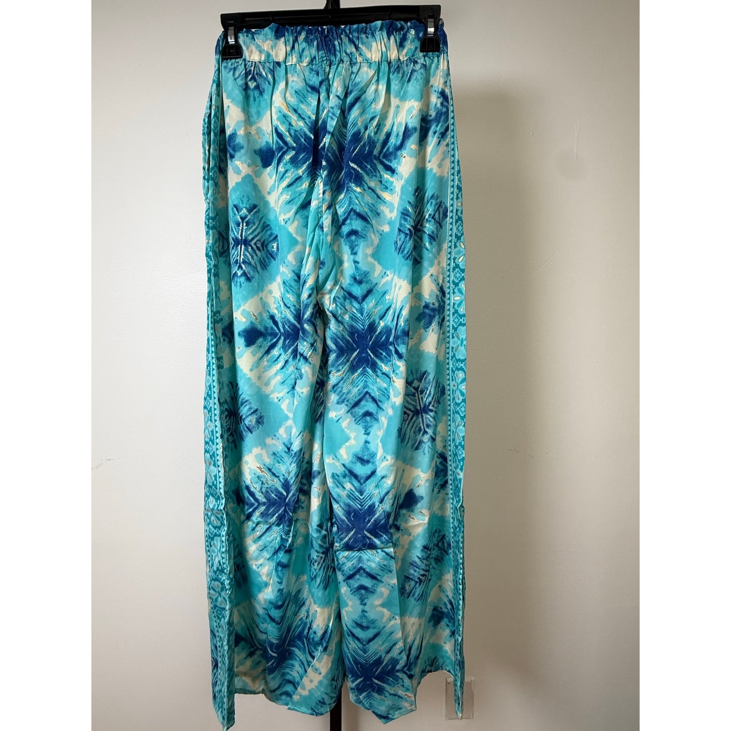 Aqua Tie-Dye Wide-Leg Resort Pants with Tassel Waist