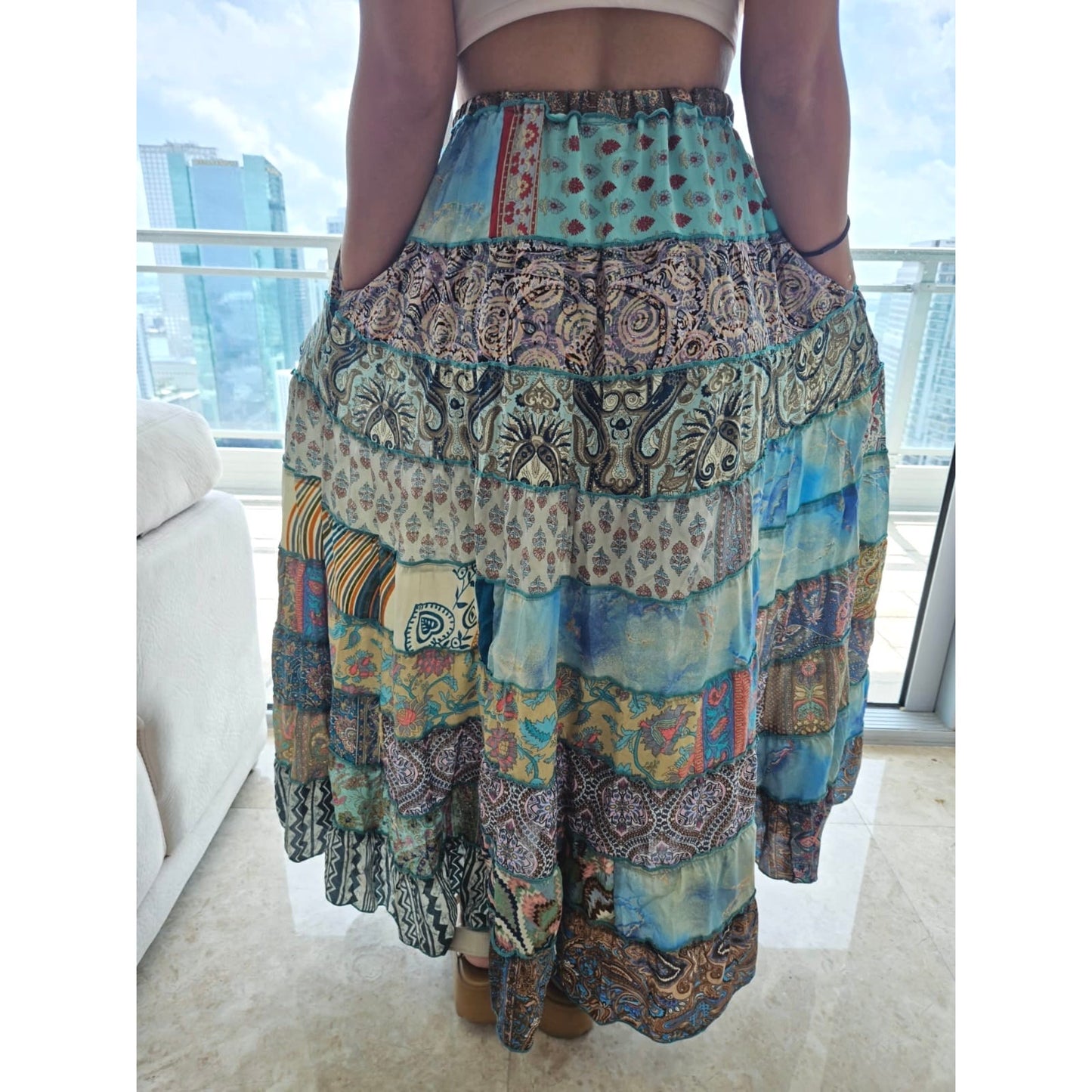 Mixed-Patchwork maxi skirt with pockets- One Size 100% Silk