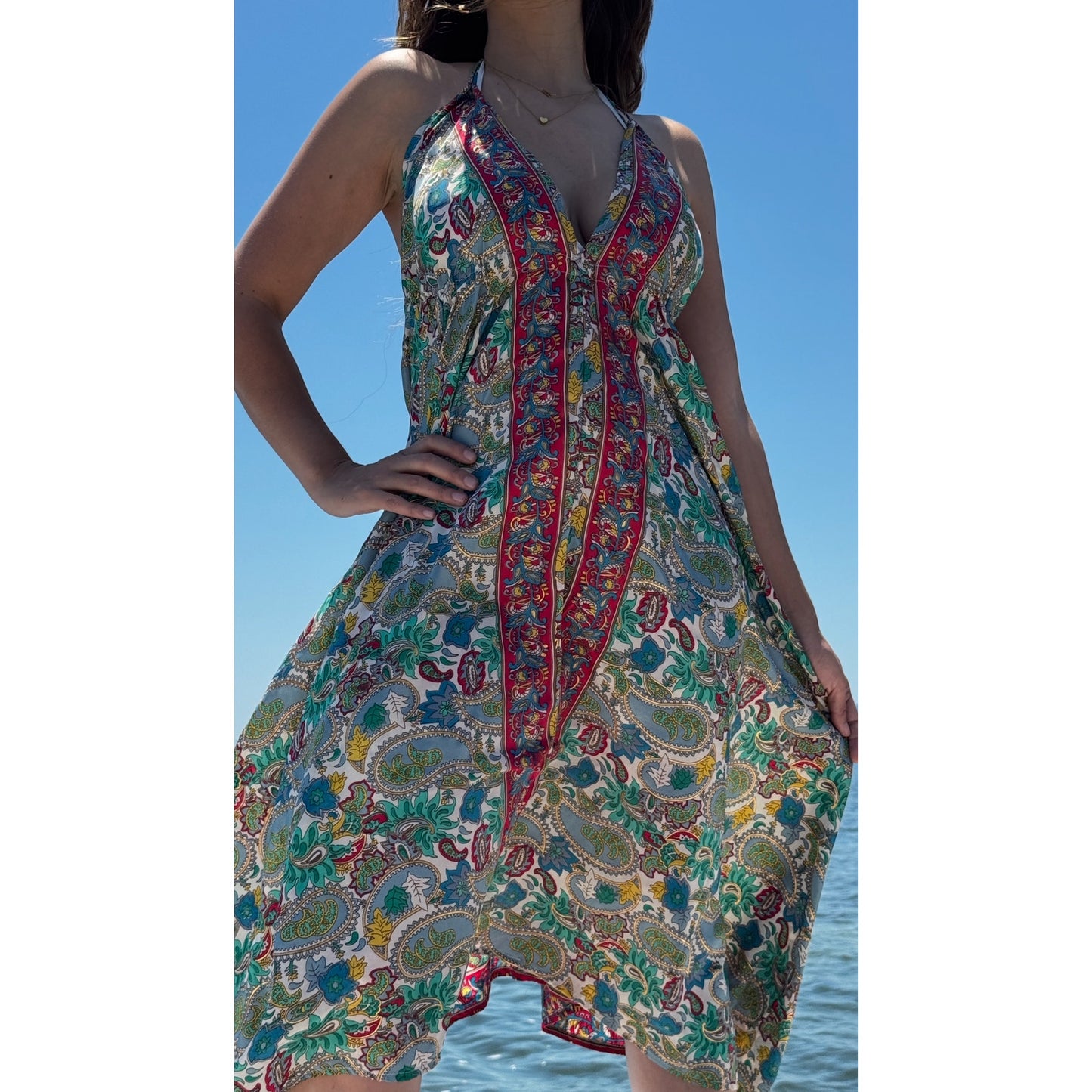 Short floral paisley scarf dress cover-up featuring an open back and deep V-neck