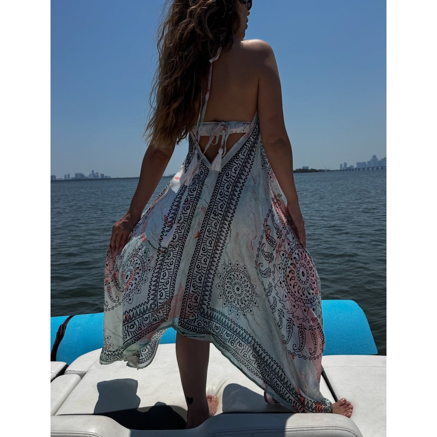 Short floral paisley scarf dress cover-up featuring an open back and deep V-neck