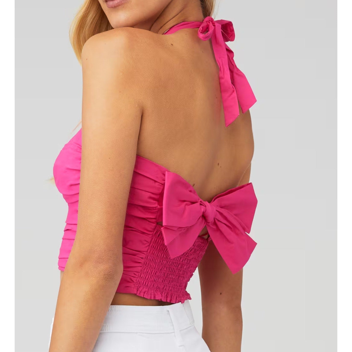 KNOTTED HALTER TOP Pink with bow