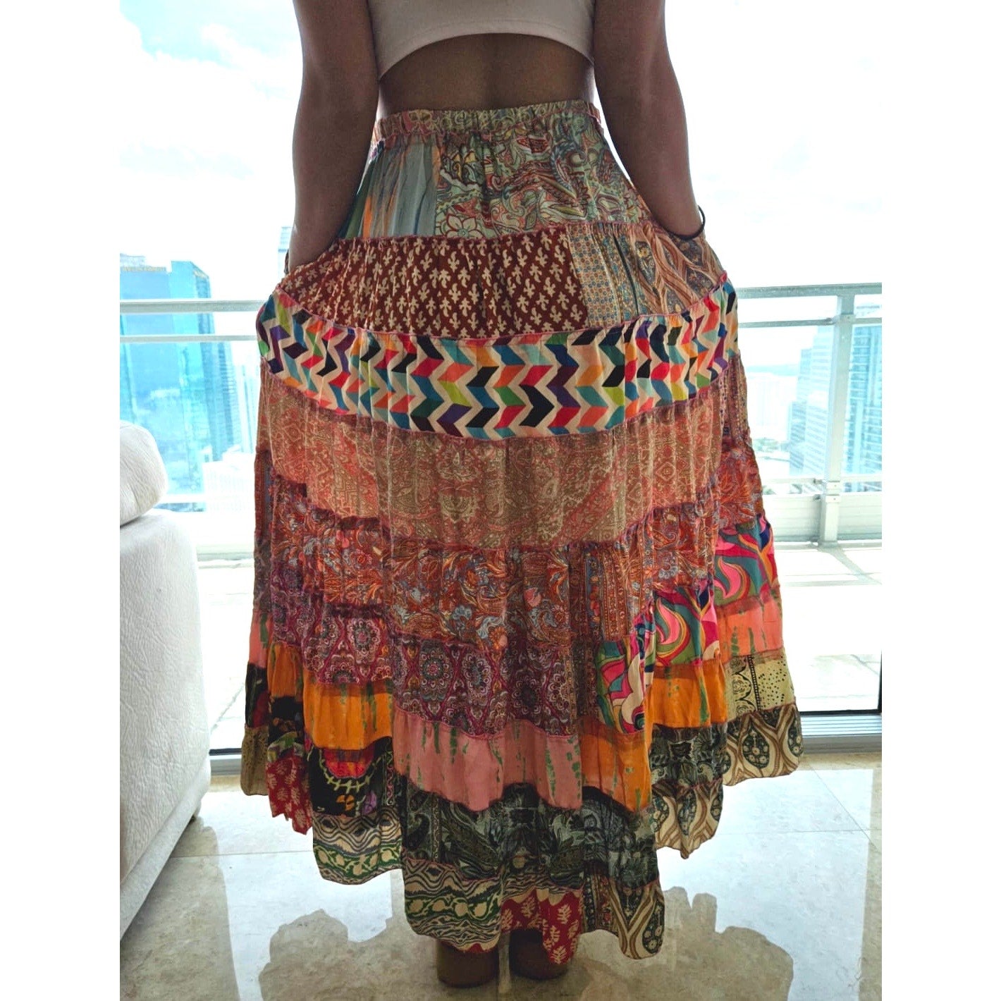 Mixed-Patchwork maxi skirt with pockets- One Size 100% silk