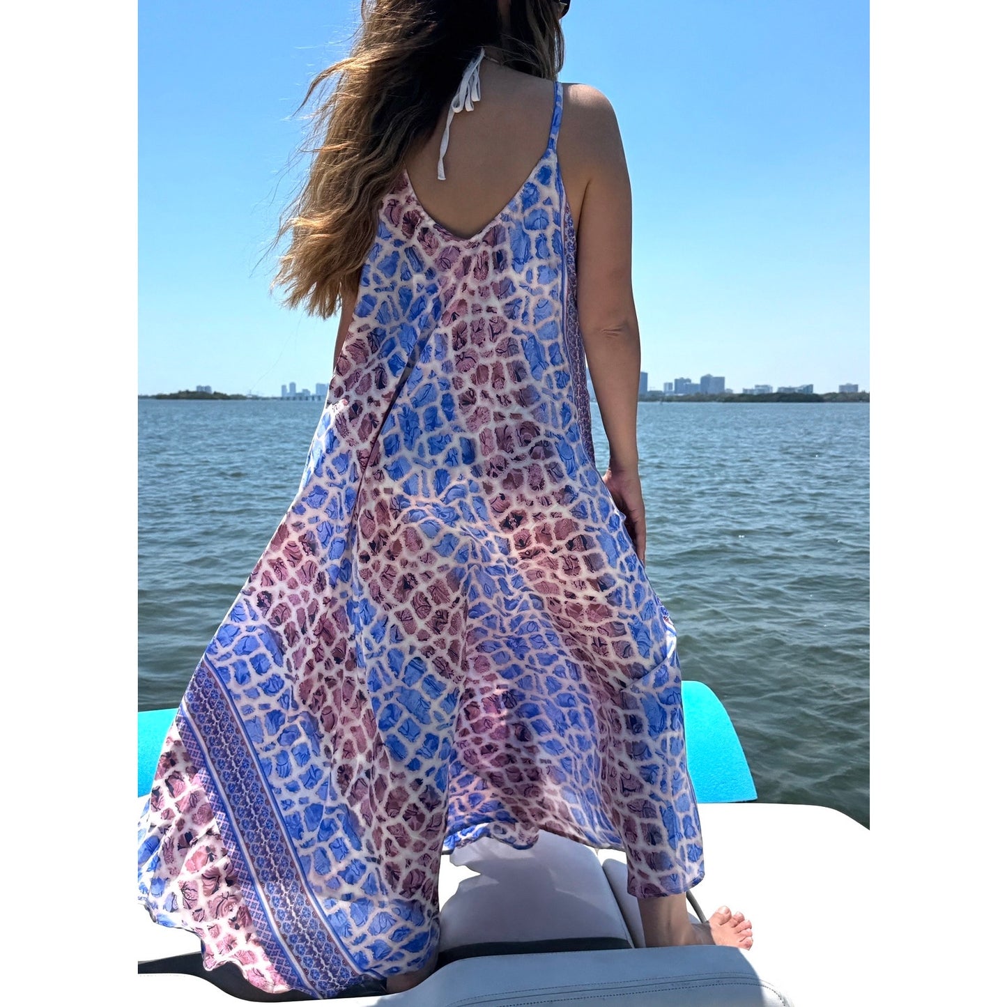 Short gold floral paisley scarf dress cover-up featuring an open back and deep V-neck