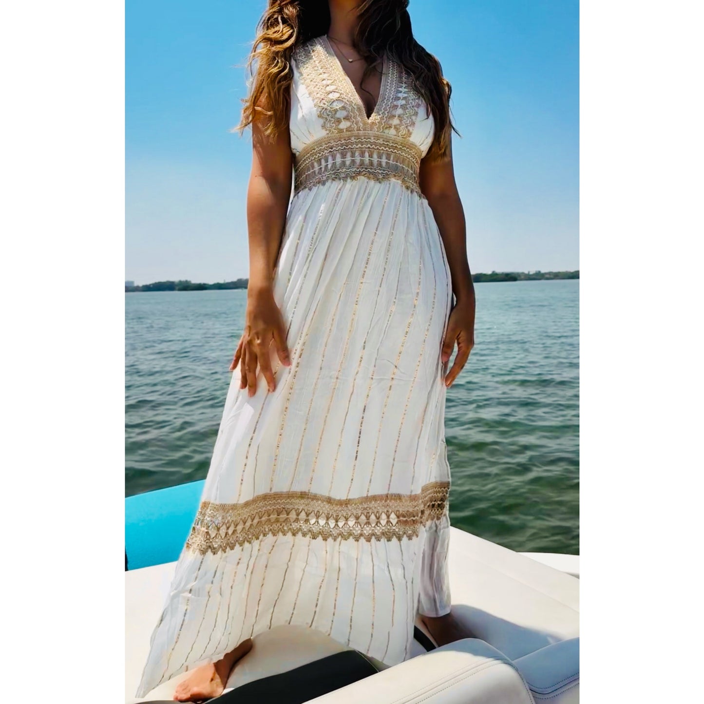 Elegant Long White Dress with Gold Accents and Braided Rope Detailing