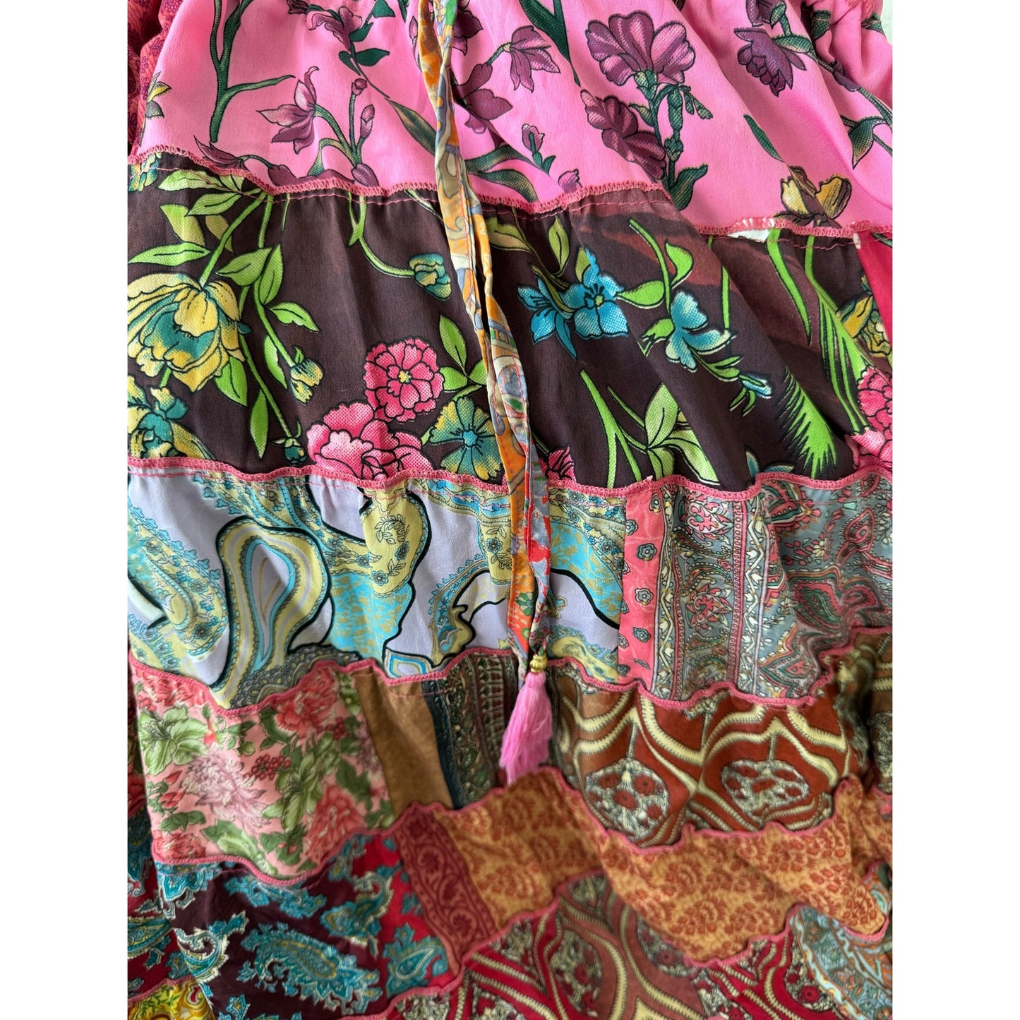 Mixed-Patchwork maxi skirt with pockets- One Size 100% silk