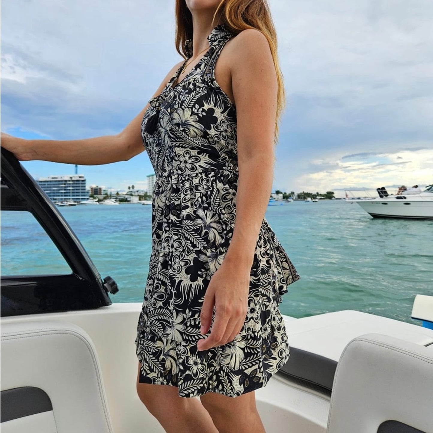 Black & White Floral Halter Neck Dress