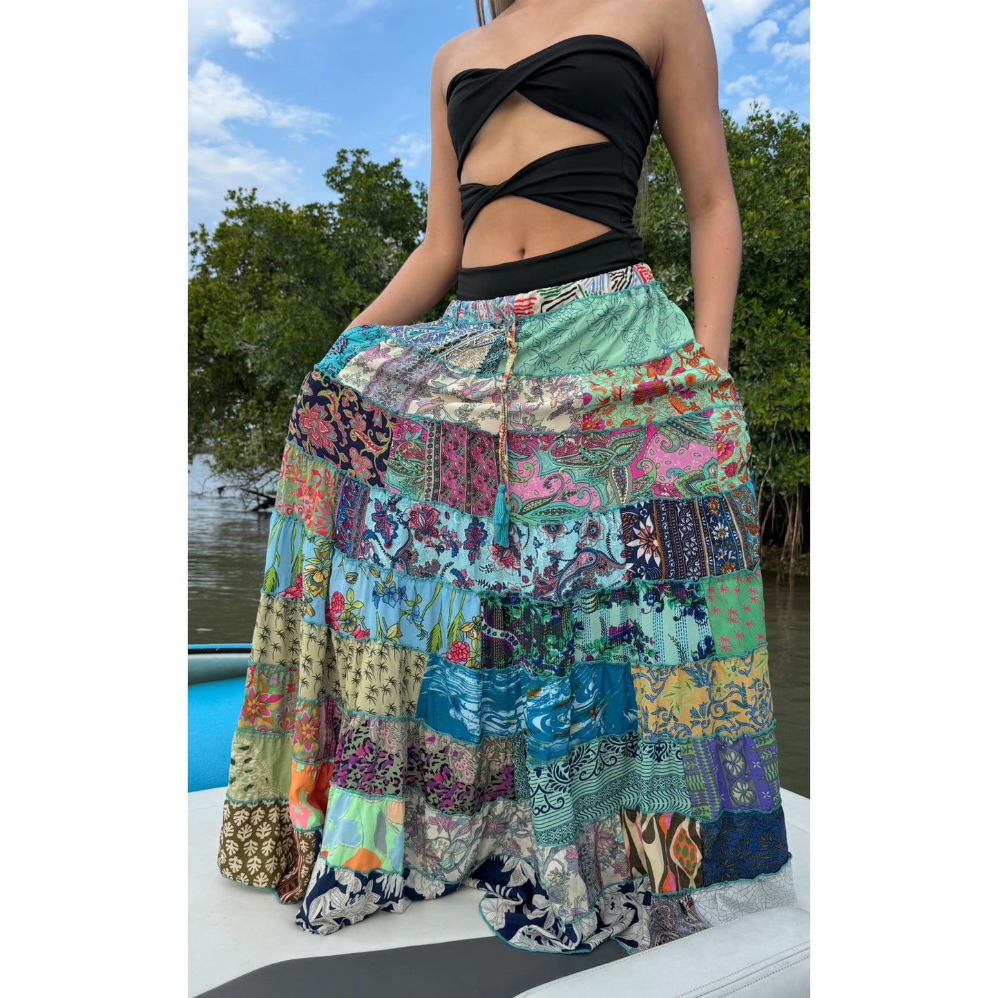 Mixed-Patchwork maxi skirt with pockets- One Size