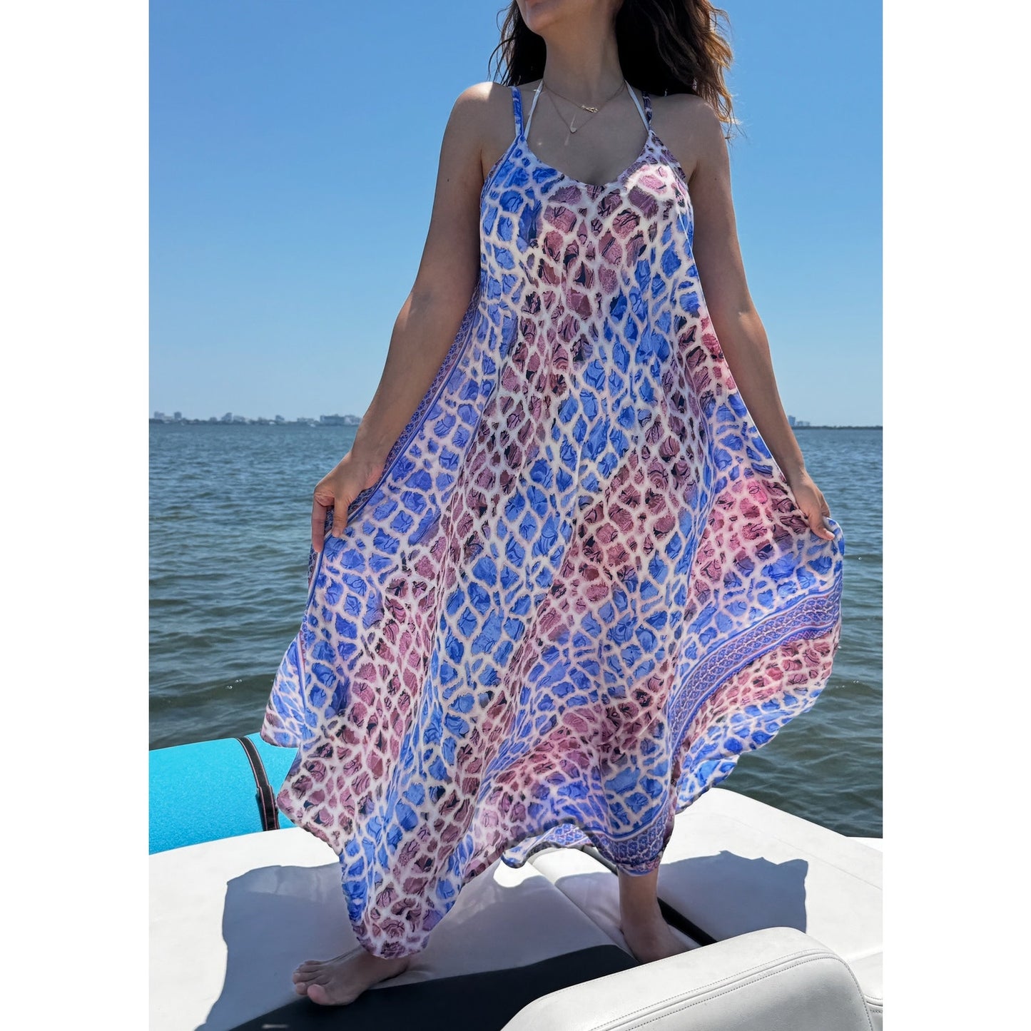 Short gold floral paisley scarf dress cover-up featuring an open back and deep V-neck