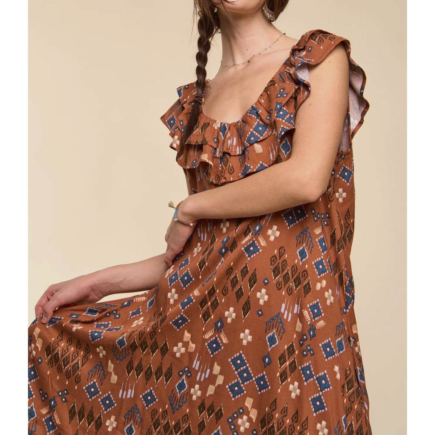 Ruffled shoulder Aztec print dress
