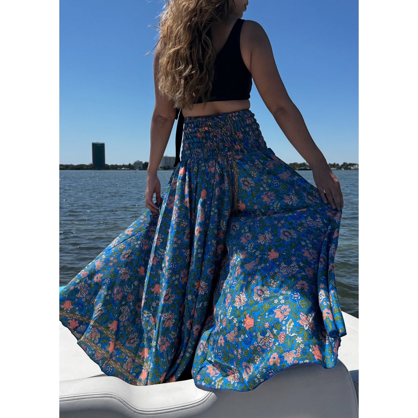 Maxi Pants Wide Leg High Waisted blue leaves
