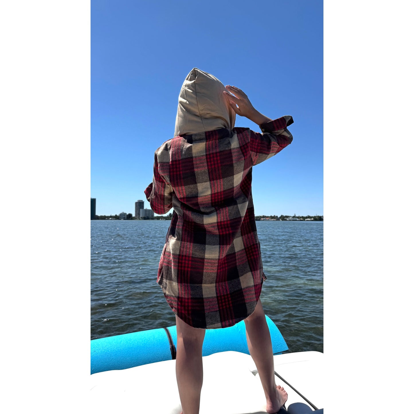 Hooded longline plaid flannel fleece shacket