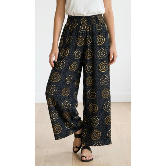Black & Gold Boho Wide-Leg Resort Pants with Tassel Waist