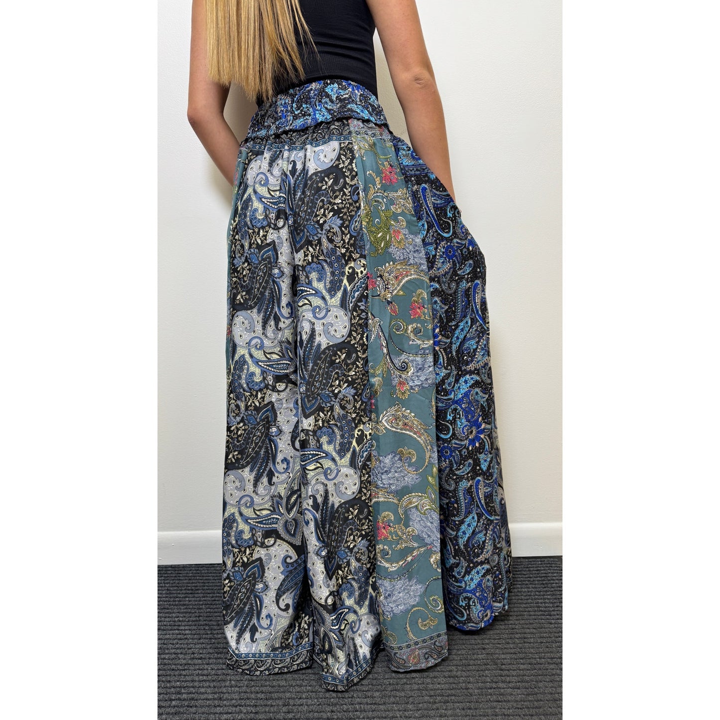 Mixed-print wide-leg trousers- One Size 100% Silk