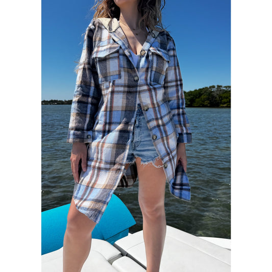 Hooded longline plaid flannel fleece shacket