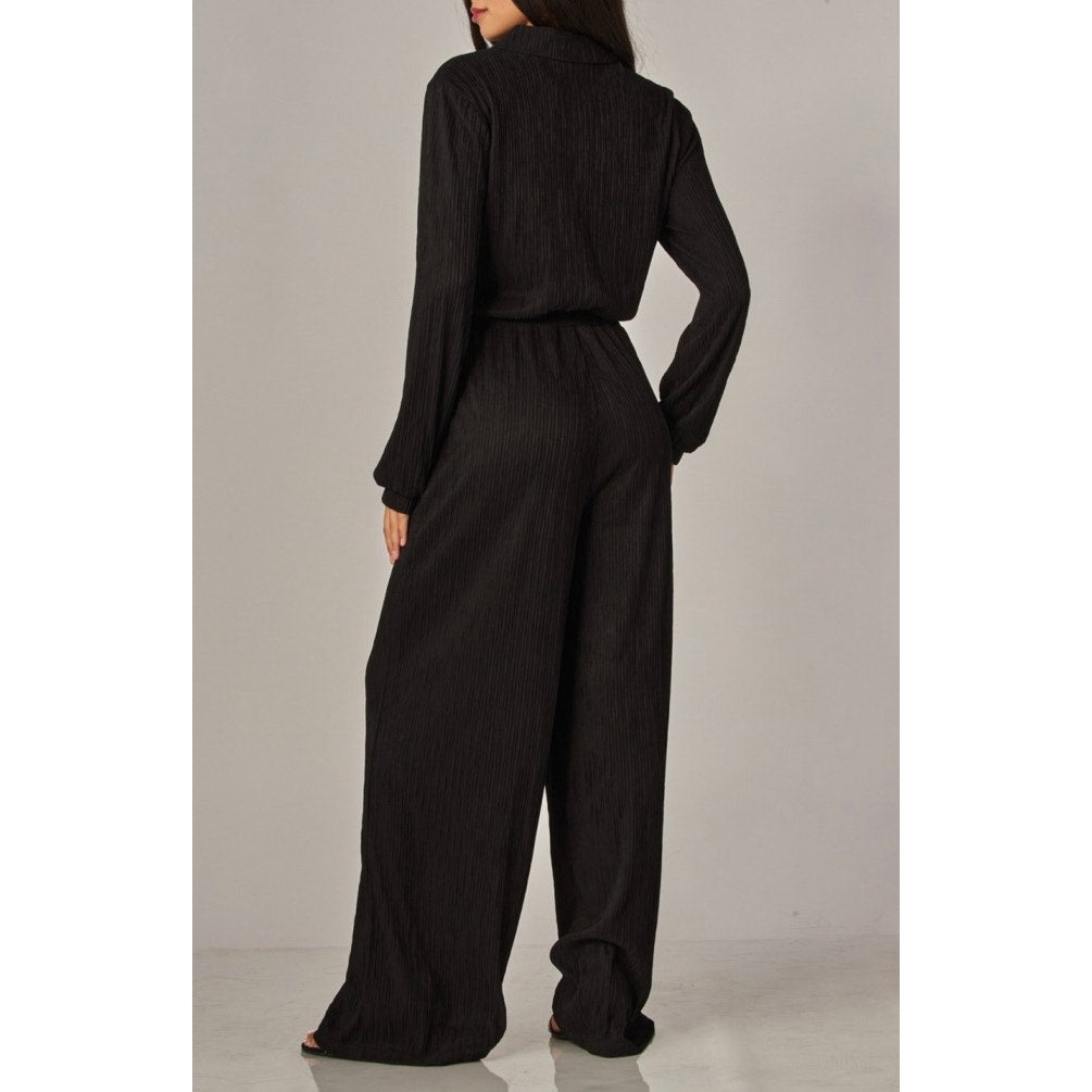 Crinkled Plisse Button Up Casual Jumpsuit