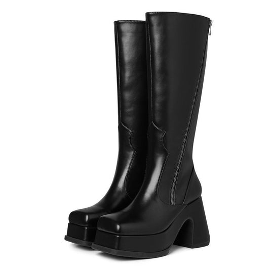 Eteridrey Platform Boots for Women Gothic Chunky High Heel Mid Calf Boots