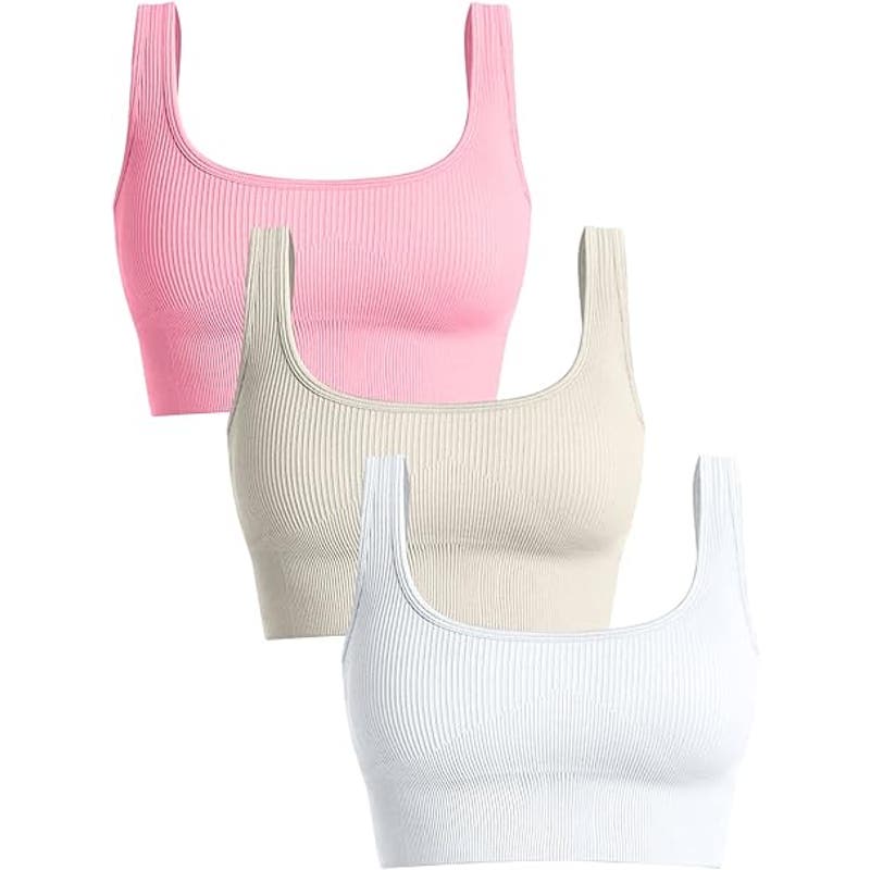 OQQ Women's 3 Piece Med Support TankTop Ribbed Seamless Removable Cups Sport Bra