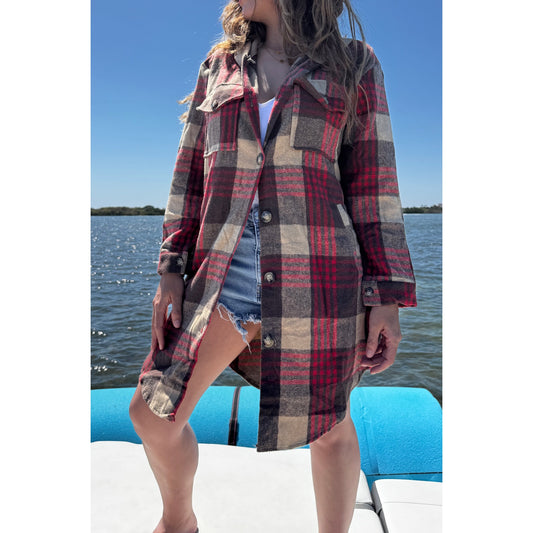 Hooded longline plaid flannel fleece shacket