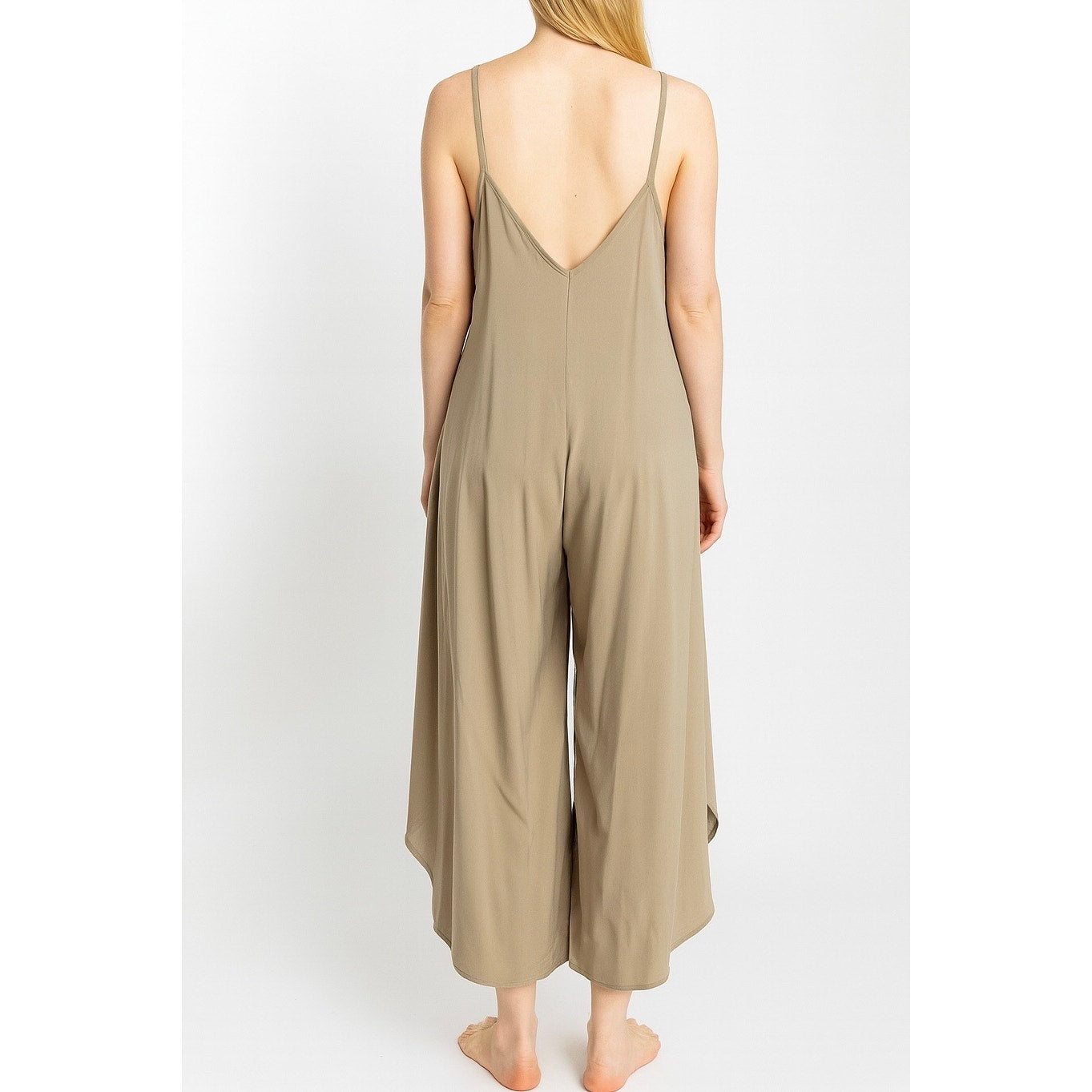 WASHED WOVEN SLOUCHY FITTED JUMPSUIT WITH CAMI STRAP. MADE IN USA