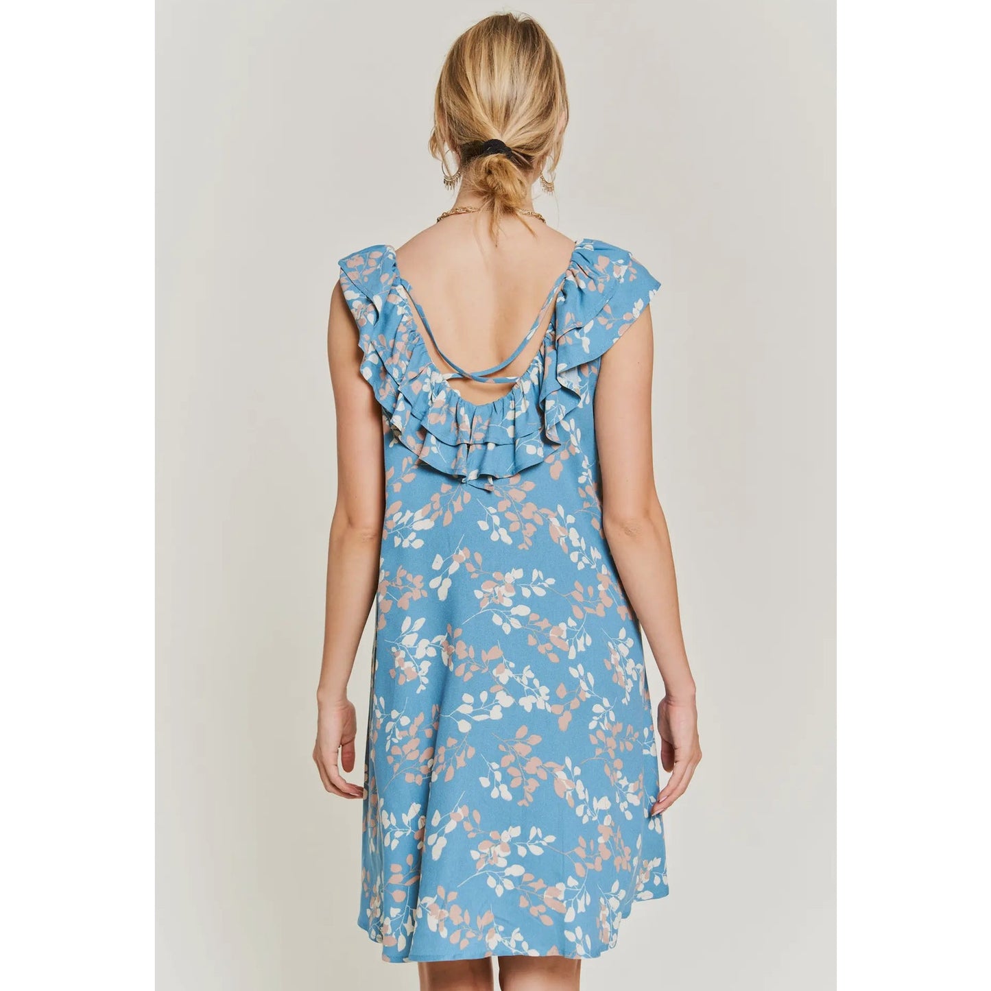 Floral print ruffle neck woven mini dress