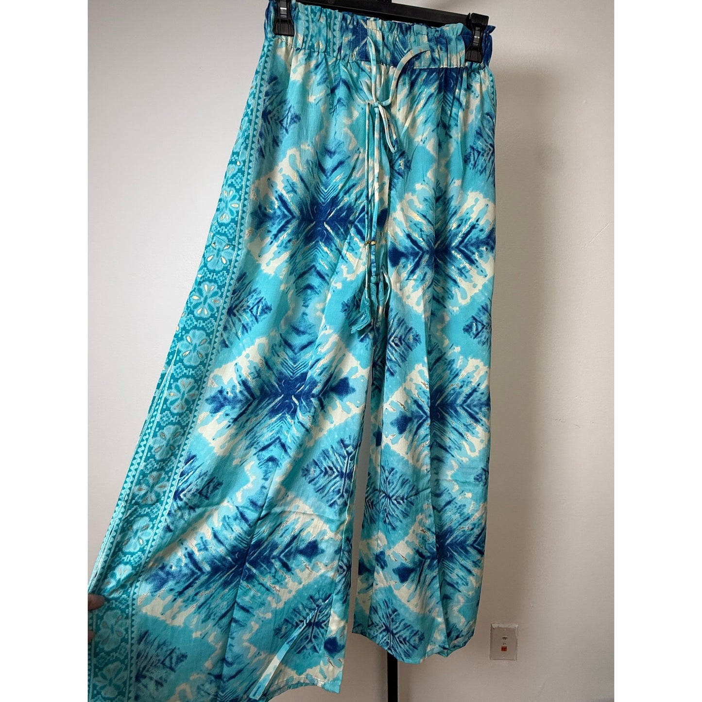 Aqua Tie-Dye Wide-Leg Resort Pants with Tassel Waist