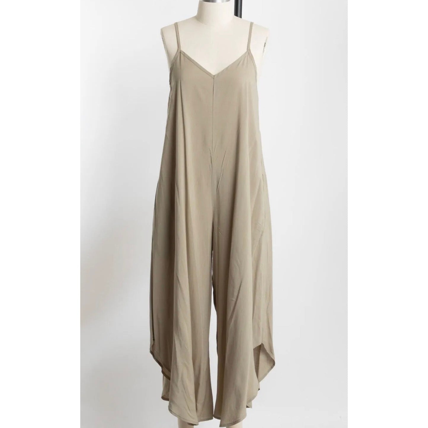 WASHED WOVEN SLOUCHY FITTED JUMPSUIT WITH CAMI STRAP. MADE IN USA