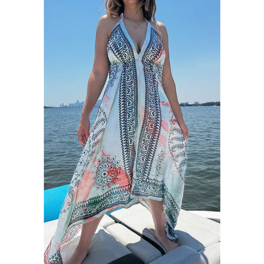 Short floral paisley scarf dress cover-up featuring an open back and deep V-neck