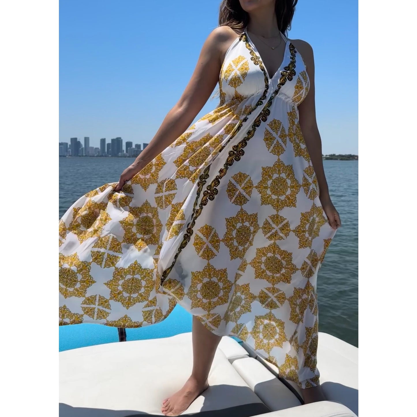 Short gold floral paisley scarf dress cover-up featuring an open back and deep V-neck