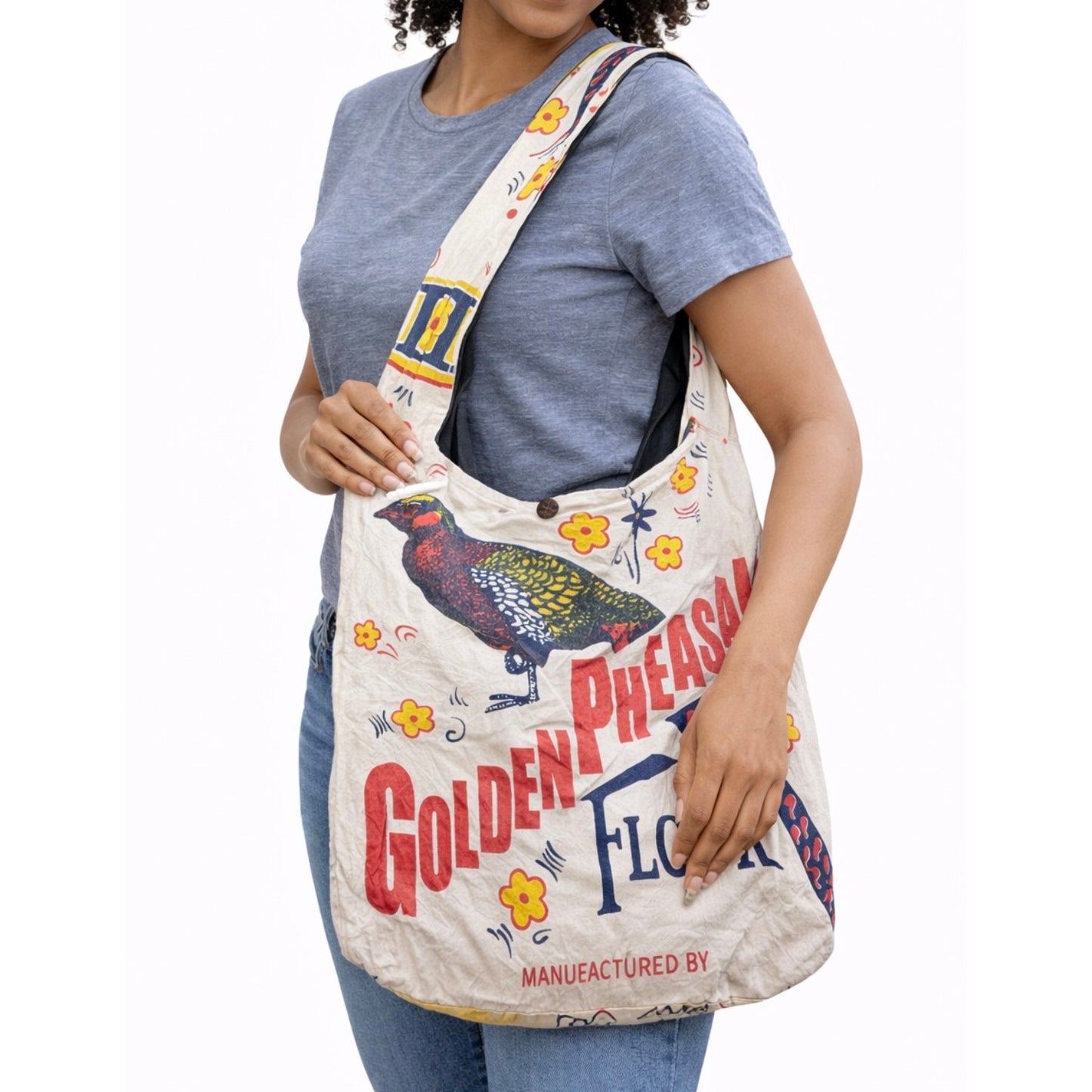 Golden pheasant Flour Sack Purse Bag Cotton Tote Vintage Look Feed Sack Cross Body