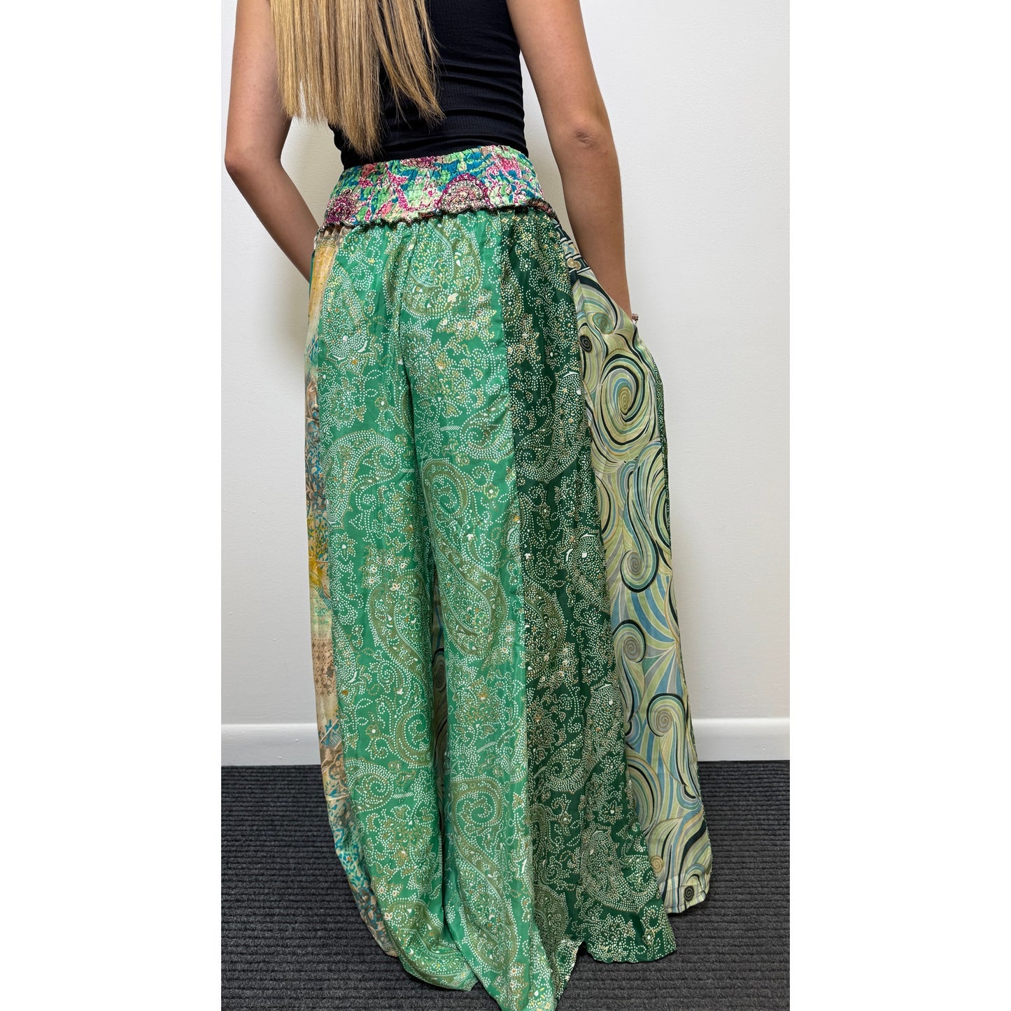 Mixed-print wide-leg trousers- One Size 100% Silk