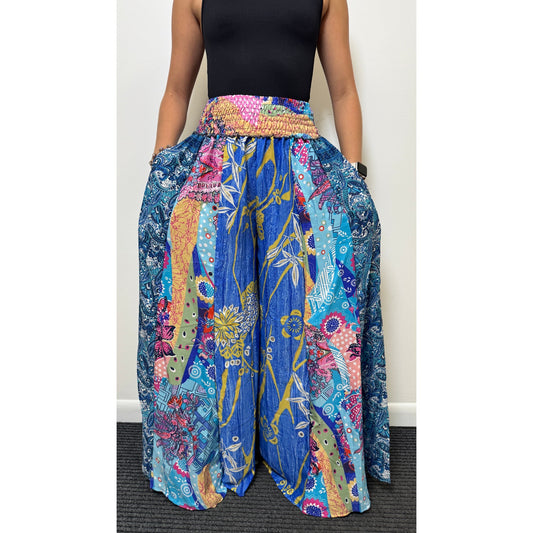 Mixed-print wide-leg trousers- One Size 100% Silk