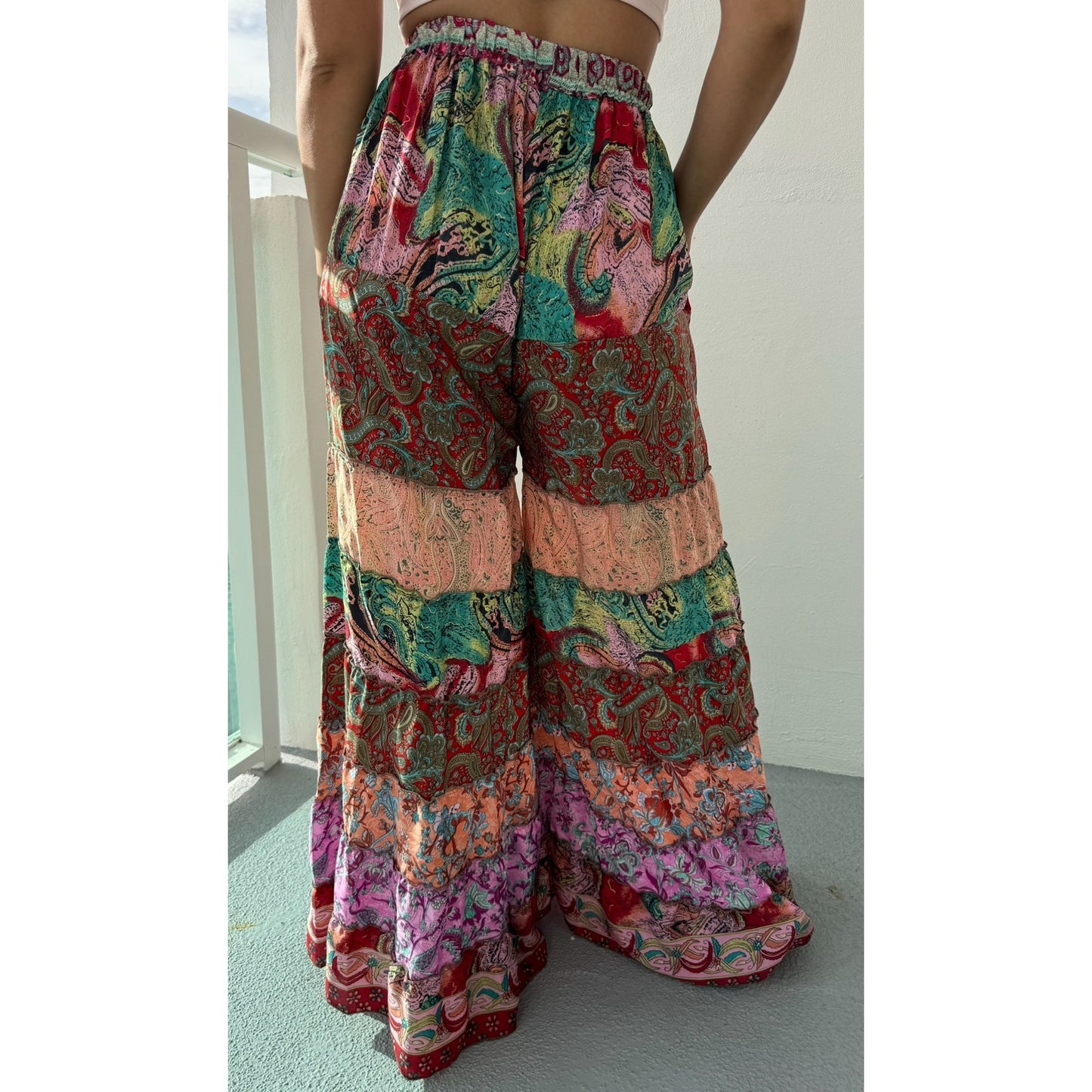 Mixed-print wide-leg trousers- One Size 100% Silk