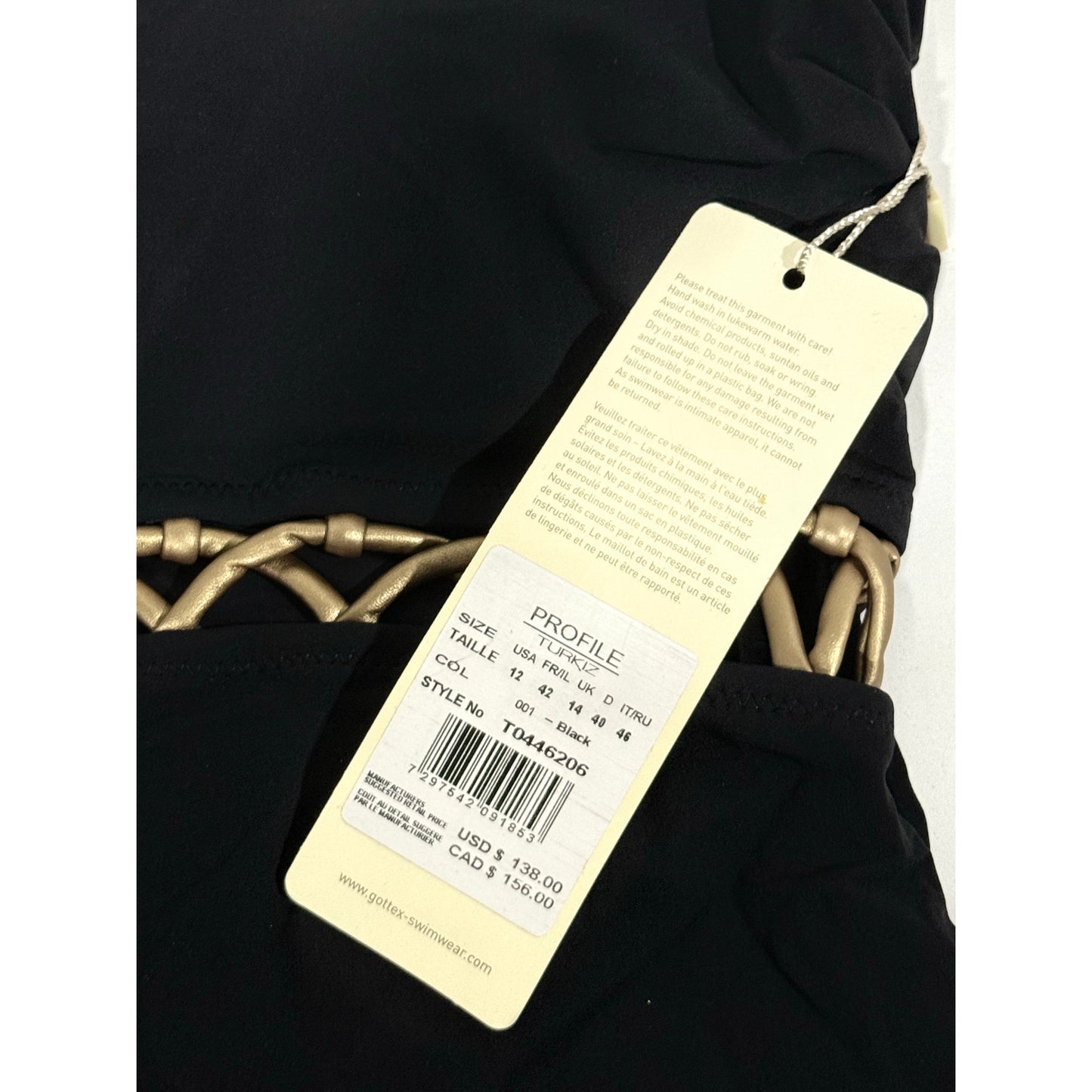 Gottex Profile Turkiz Women's One Piece Swimsuit Black Gold Size NWT