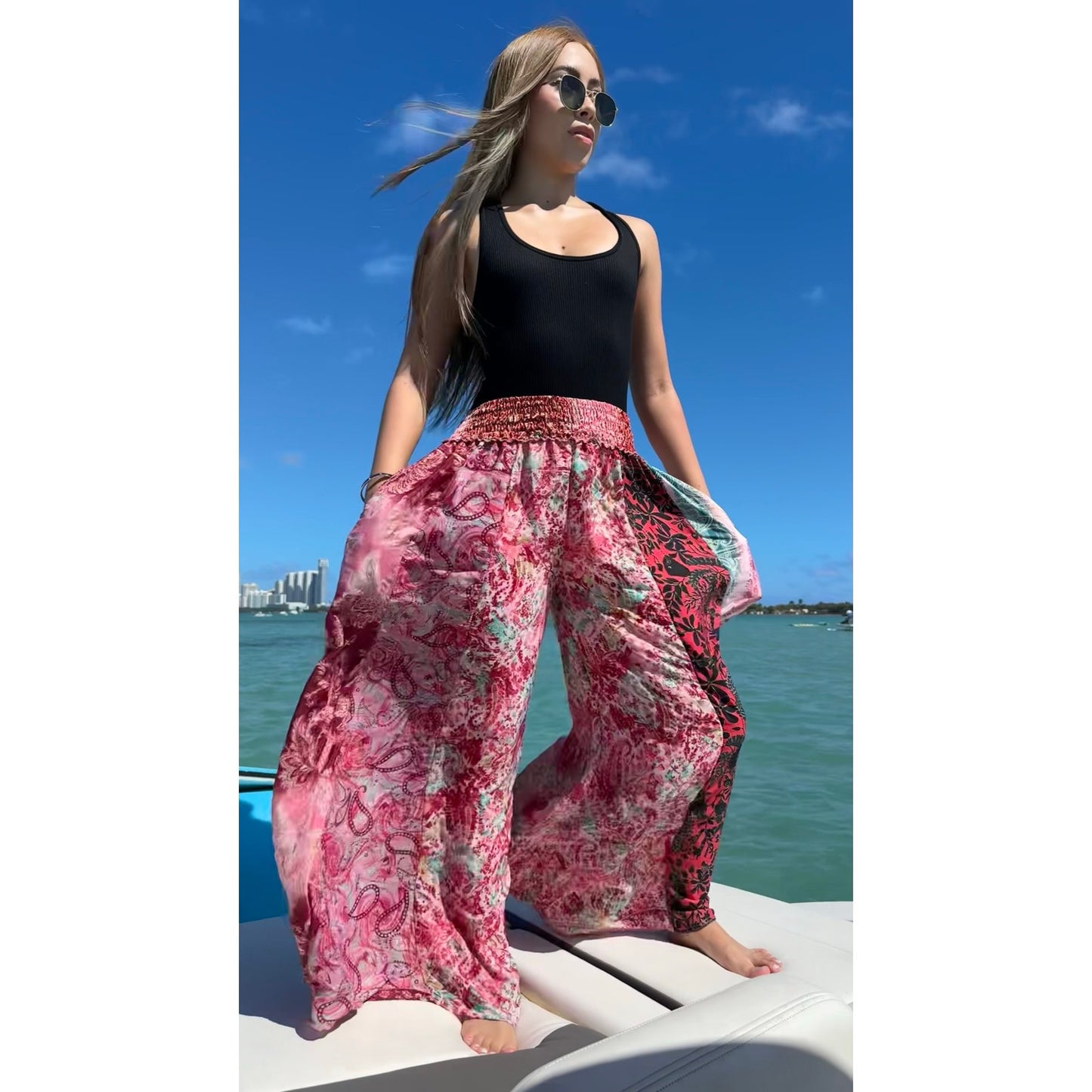 Mixed-print wide-leg trousers- One Size
