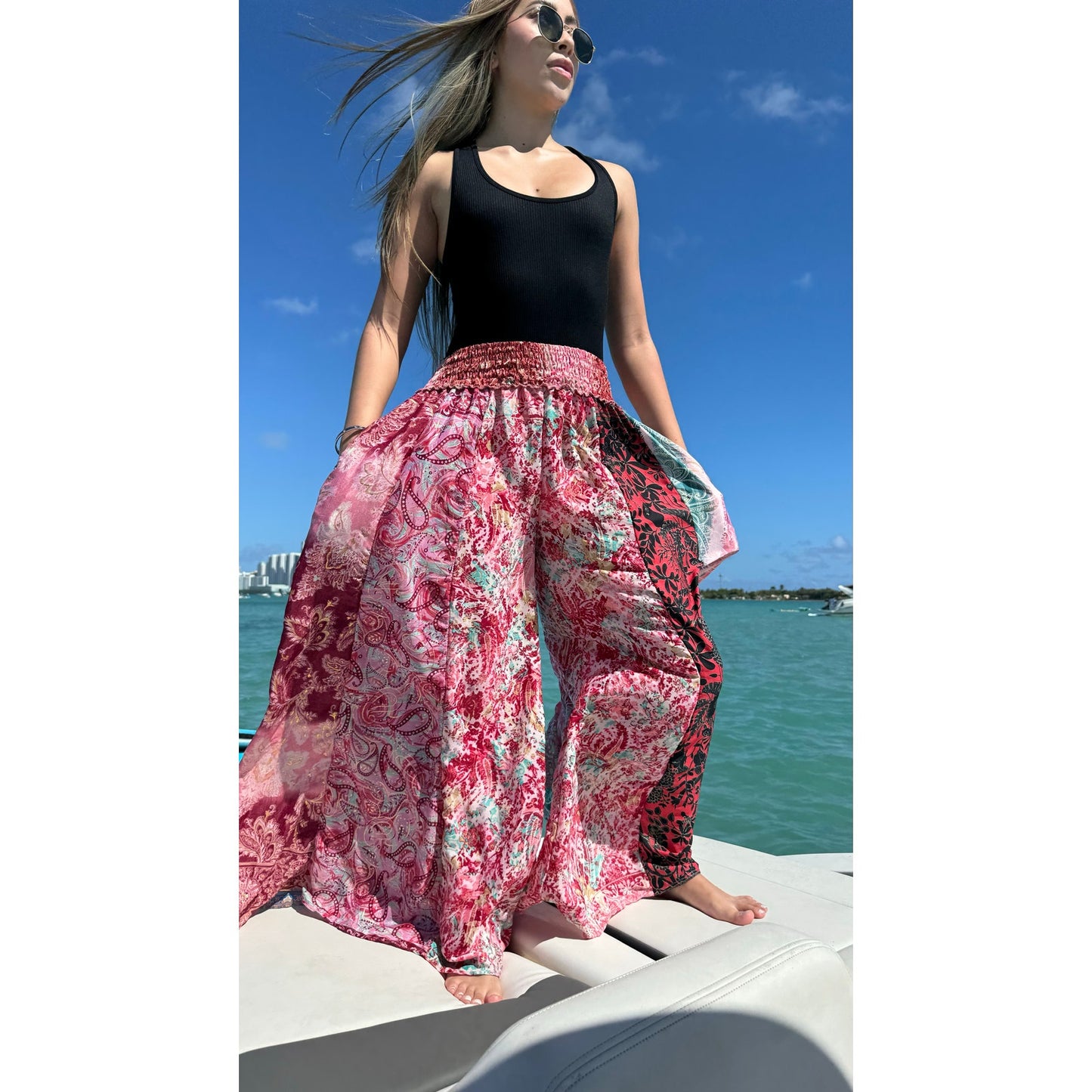 Mixed-print wide-leg trousers- One Size