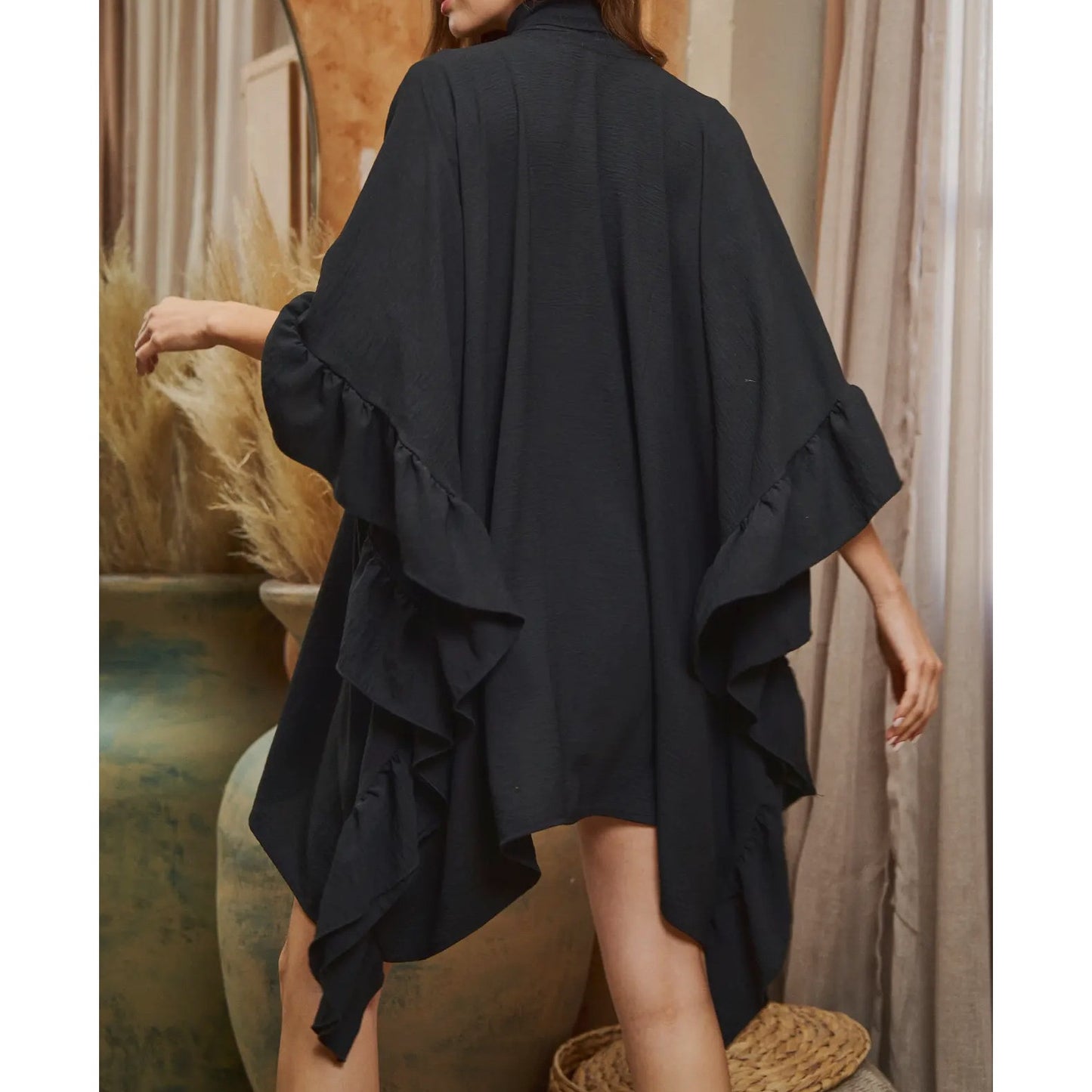 Wide sleeves ruffle kimono