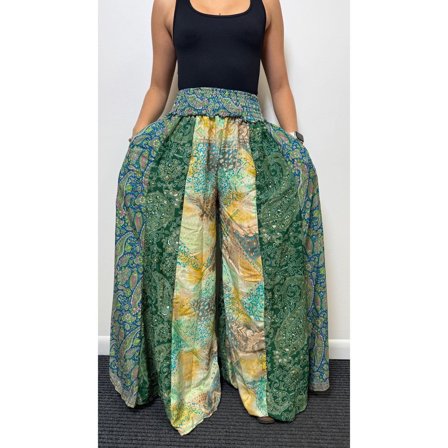 Mixed-print wide-leg trousers- One Size 100% Silk