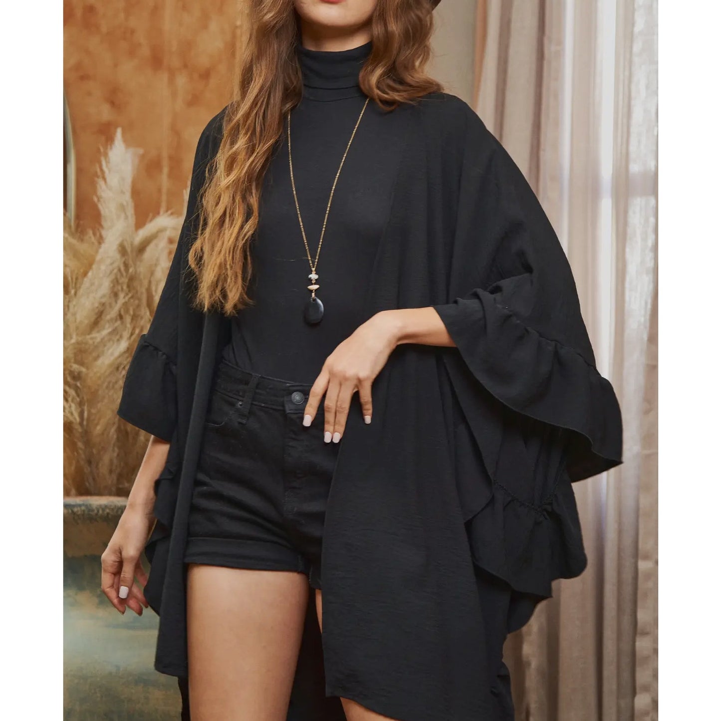 Wide sleeves ruffle kimono