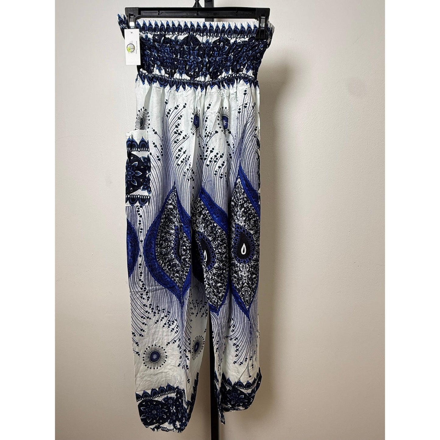 Boho Smocked Harem Pants – Blue Paisley Print