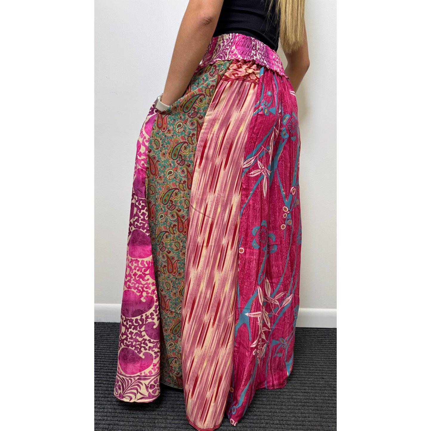 Mixed-print wide-leg trousers- One Size 100% Silk