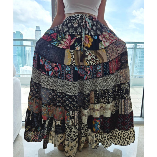 Mixed-Patchwork maxi skirt with pockets- One Size 100% silk
