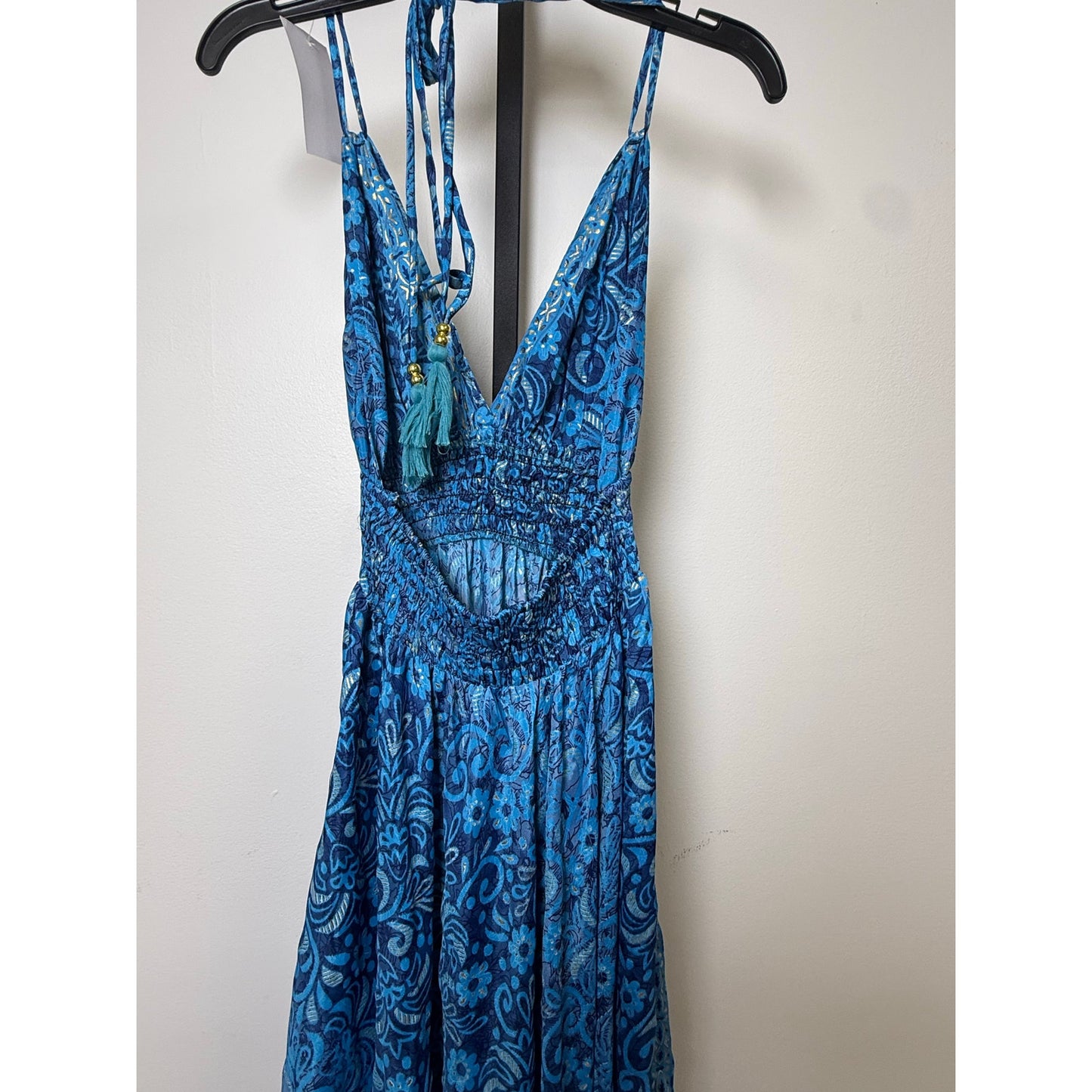 NWT 70% Silk 30% Polyester Blue & Gold Maxi Dress Boho Halter