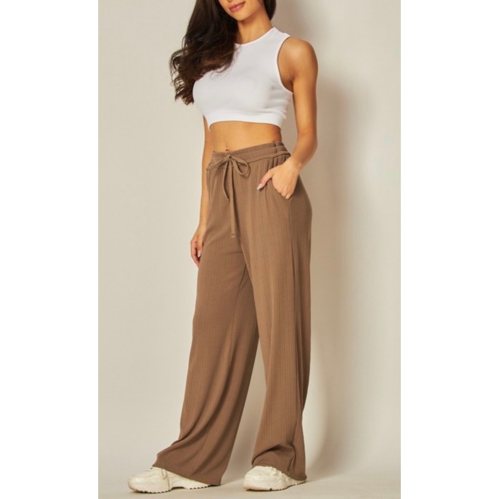 Ribbed High-rise Drawstring Wide Leg Pants