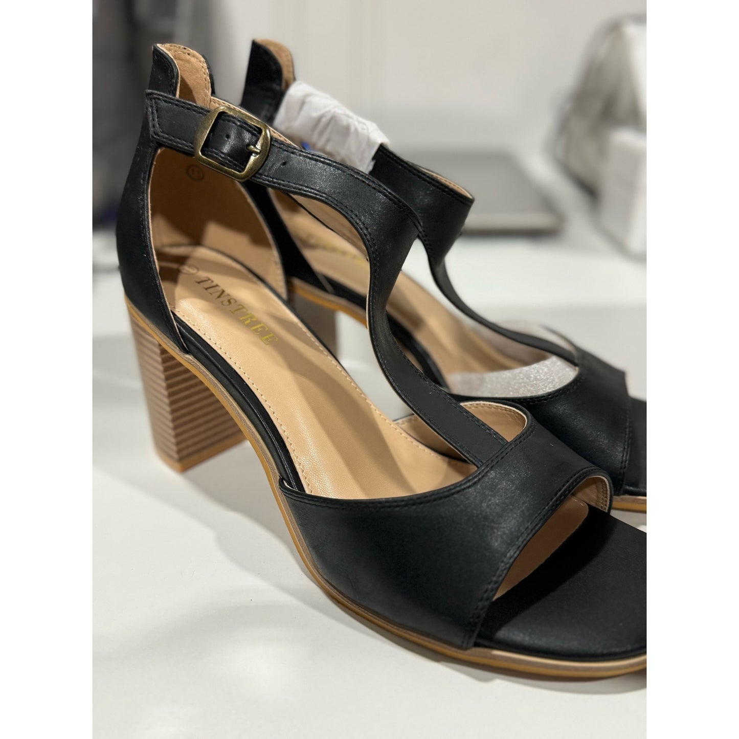 TINSTREE Block Heels, Women's T-Strap Open Toe Sandal Heeled Dressy Low Wedge